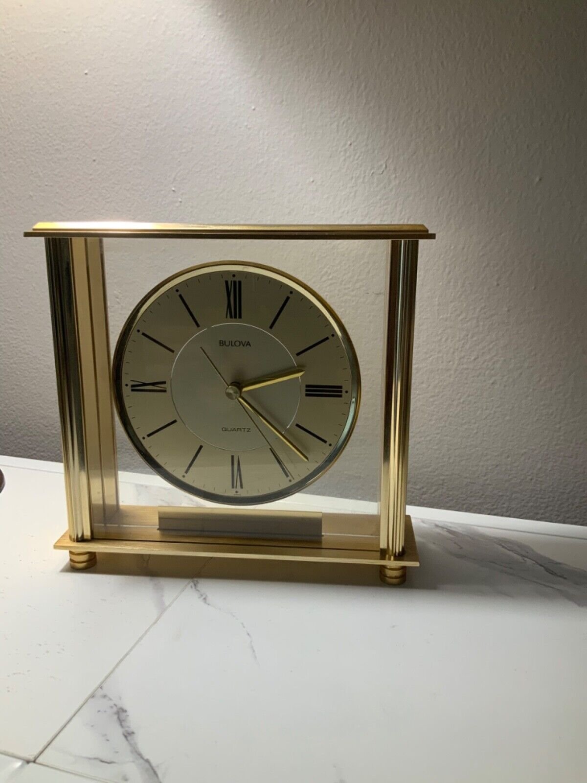 BULOVA B 1700 clock , Square ,Quartz Manttel Desk shelf Clock,Gold colour carri