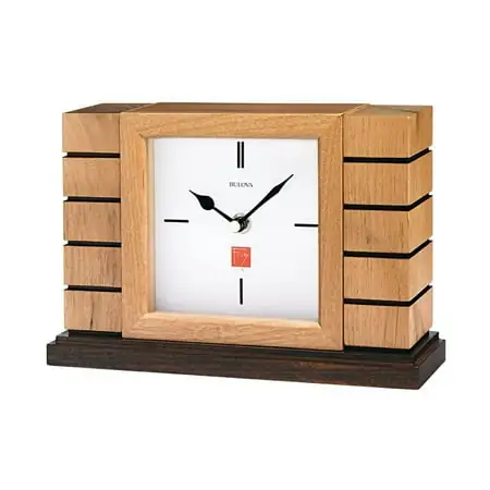 Bulova Clocks B 1659 Usonian II Mantel Clock, Natural Finish w/ Walnut Stain Base photo Bulova Clocks B 1659 Usonian II Mantel Clock, Natural Finish w/ Walnut Stain Base featured image