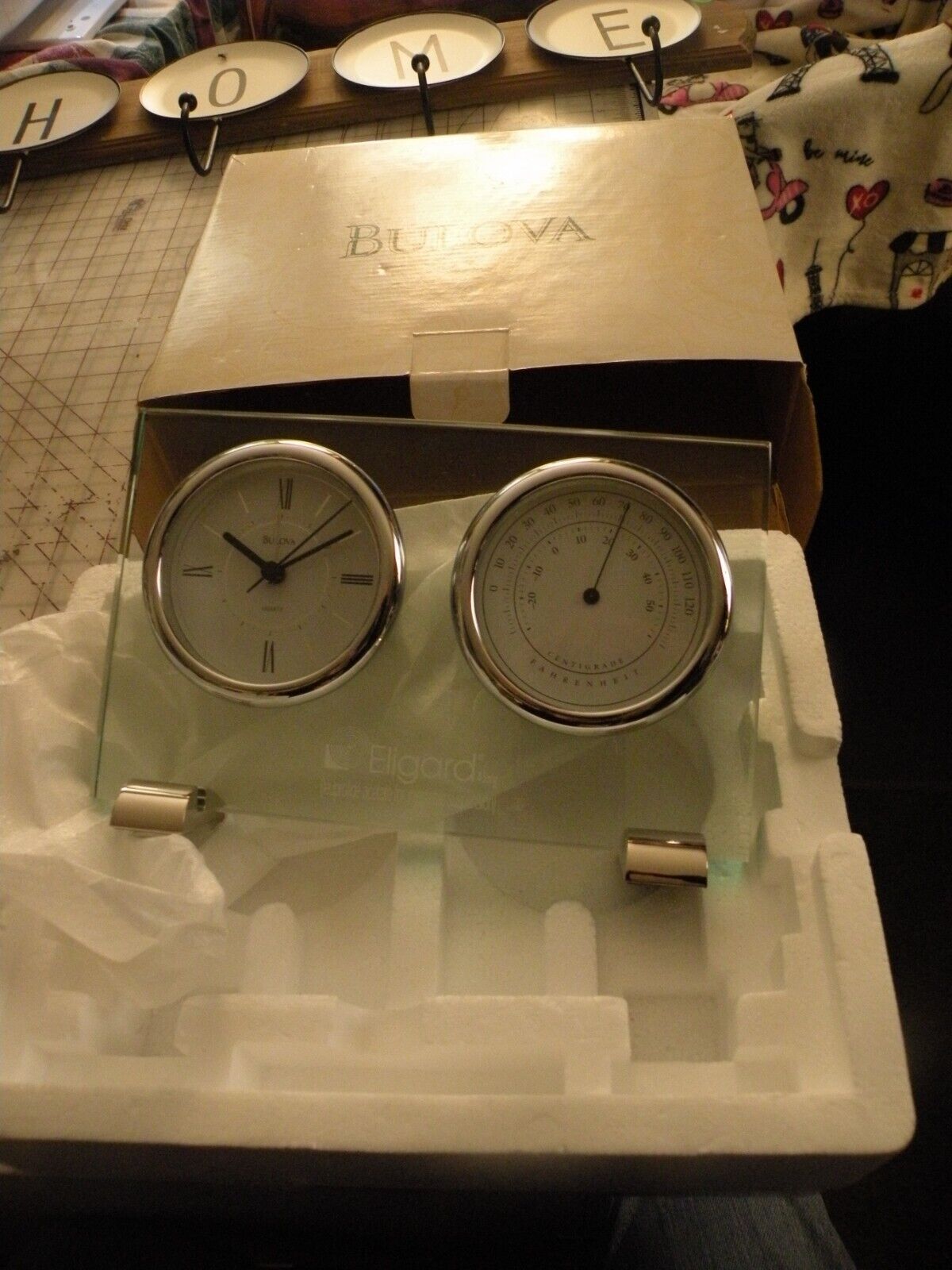 BULOVA Glass Desk/Mantel Clock with Alarm & Thermometer NEW IN BOX