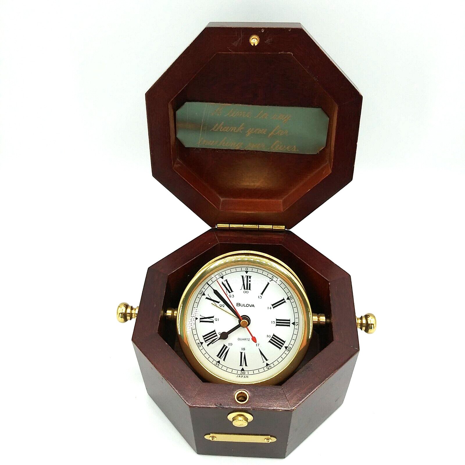 Bulova Quartermaster Maritime Desk Clock Octogonal Mahogany Wood Display WORKS