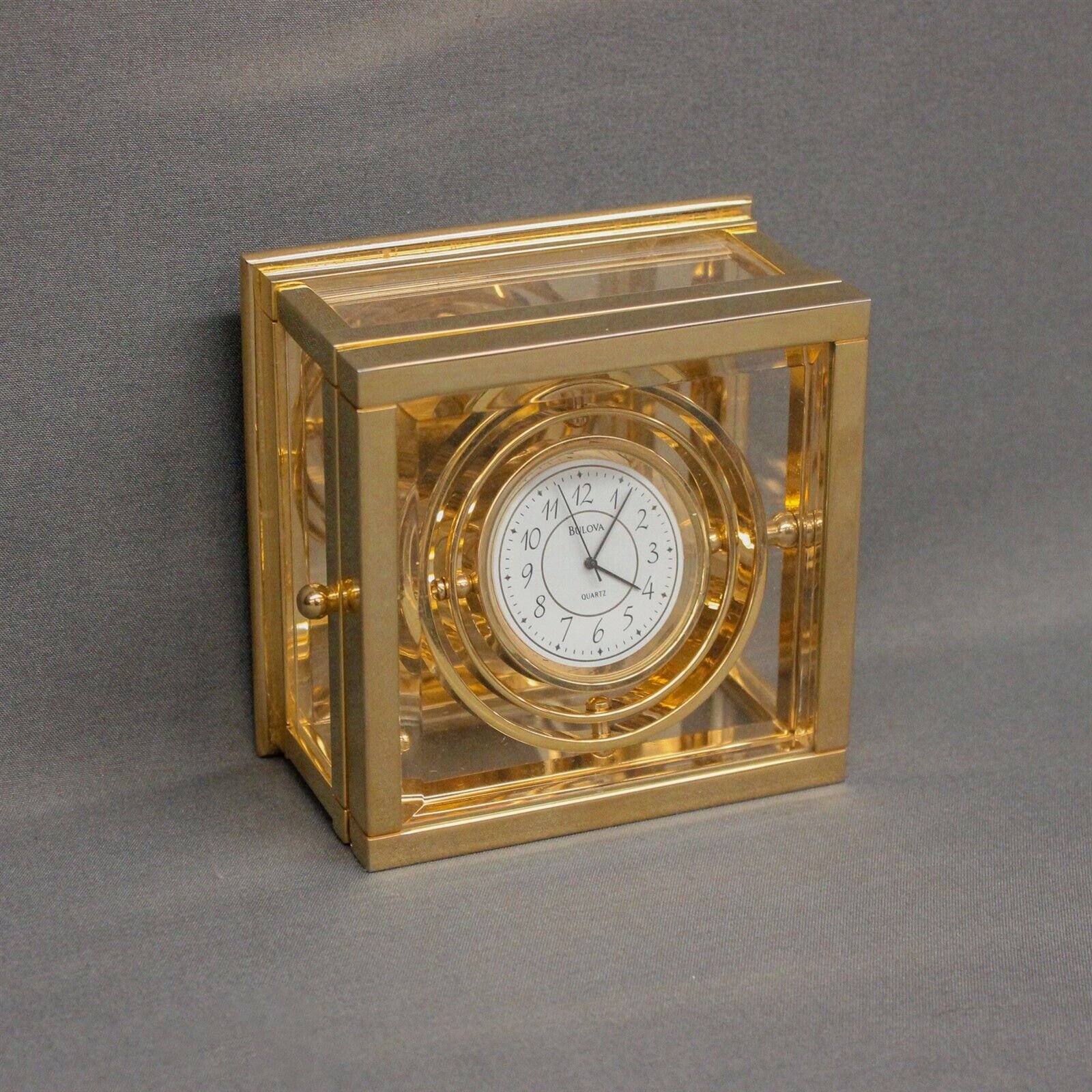 Bulova Quartz Brass & Glass Desk Top Clock Works,Keeps Time