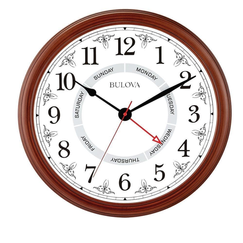 Bulova Wall Clock Analog Classic Glass Round AA Battery w/ Wood Frame Bronze