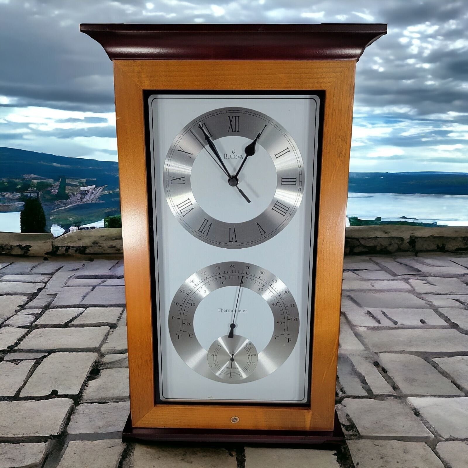 Bulova Wooden Weather Station C3760 Wall Clock Thermometer Hygrometer Wood