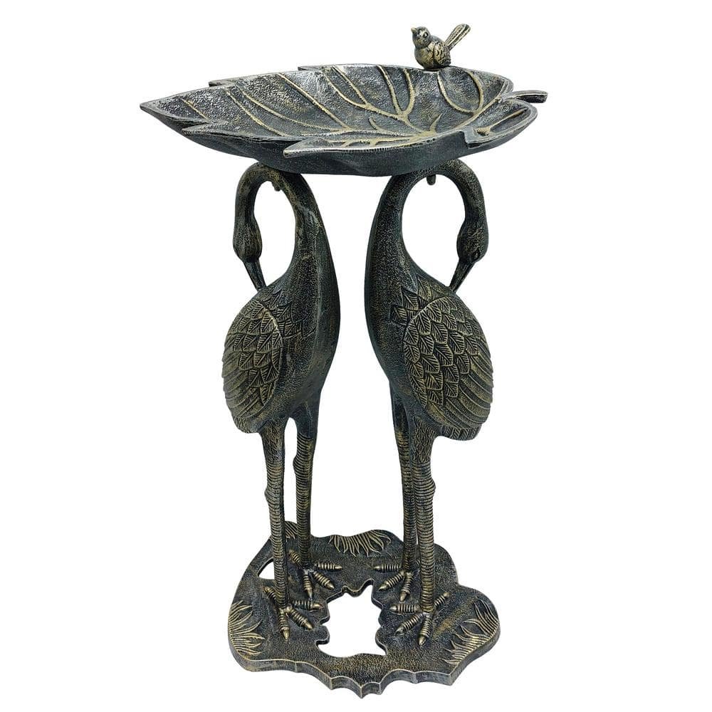 Cast Aluminum 30 in. Twin Crane Silver Gold Bird Bath with Leaf...