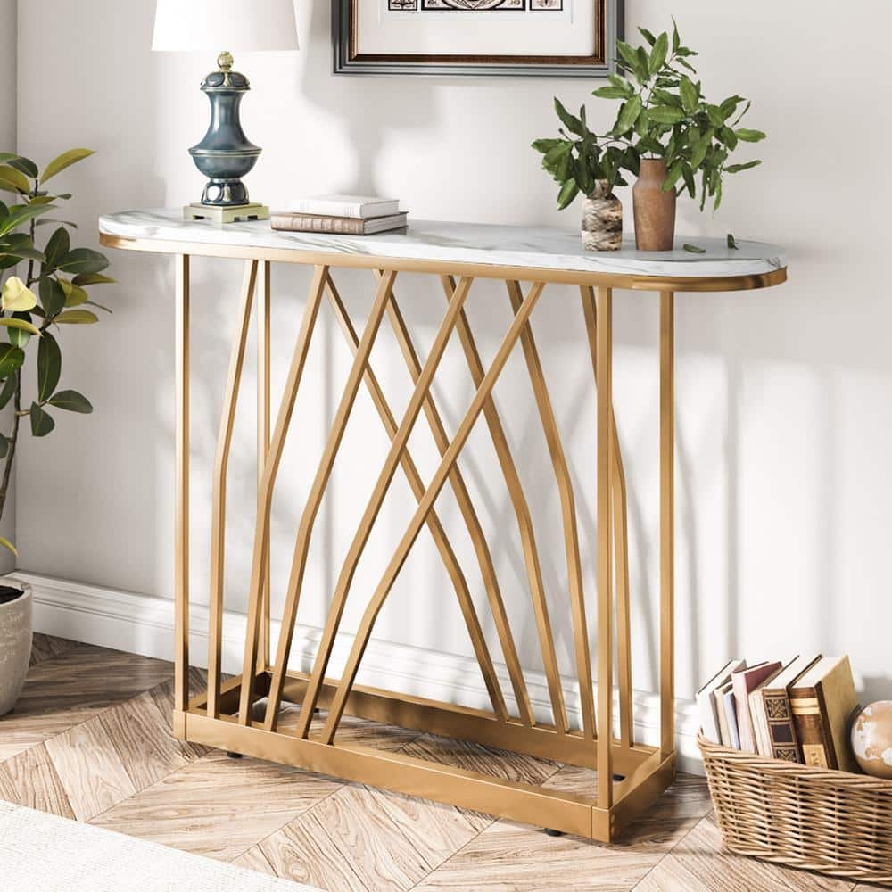 Catalin 42 in. Classic Modern Consloe Table, Faux Marble with Gold Frame...