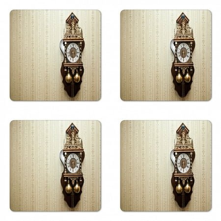 Clock Coaster Set of 4, Antique Style Wood Carving Clock with RomNumerals Hanging on the Wall Design, Square Hardboard Gloss Coasters, Standard Size, Brown and Tan, by Ambesonne