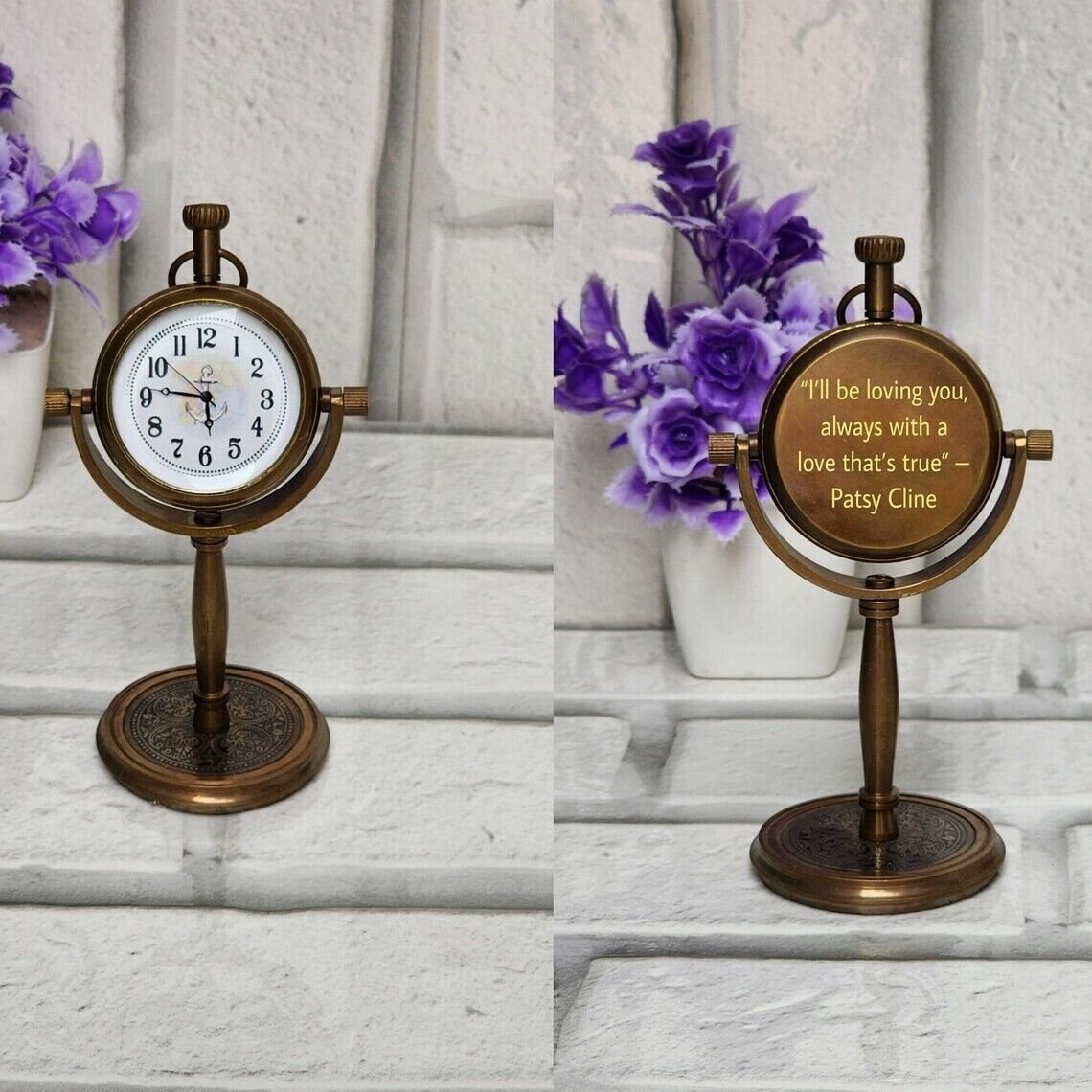 Clock Desk Engraved Etched Quartz Vintage Table Antique Brass Gift Personalized