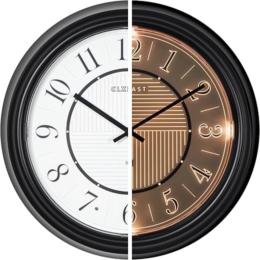 CLXEAST 14 Inch LED Illuminated Indoor Outdoor Atomic Analog Wall Clock Battery Operated, Glow in
