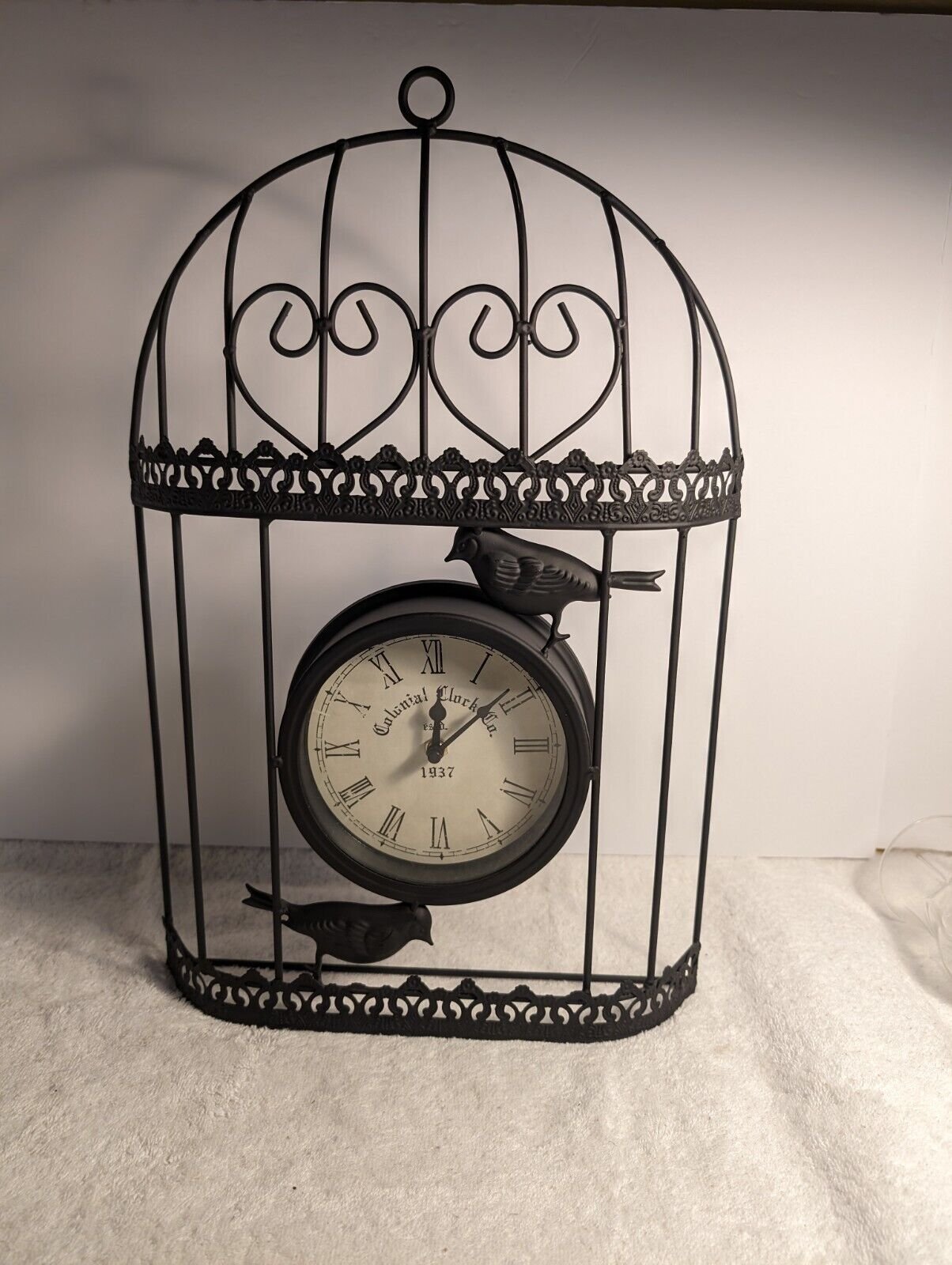 COLONIAL CLOCK CO 1937 CHARMING BIRD CAGE WALL CLOCK (VERY LIGHT) WRONGHT IRON