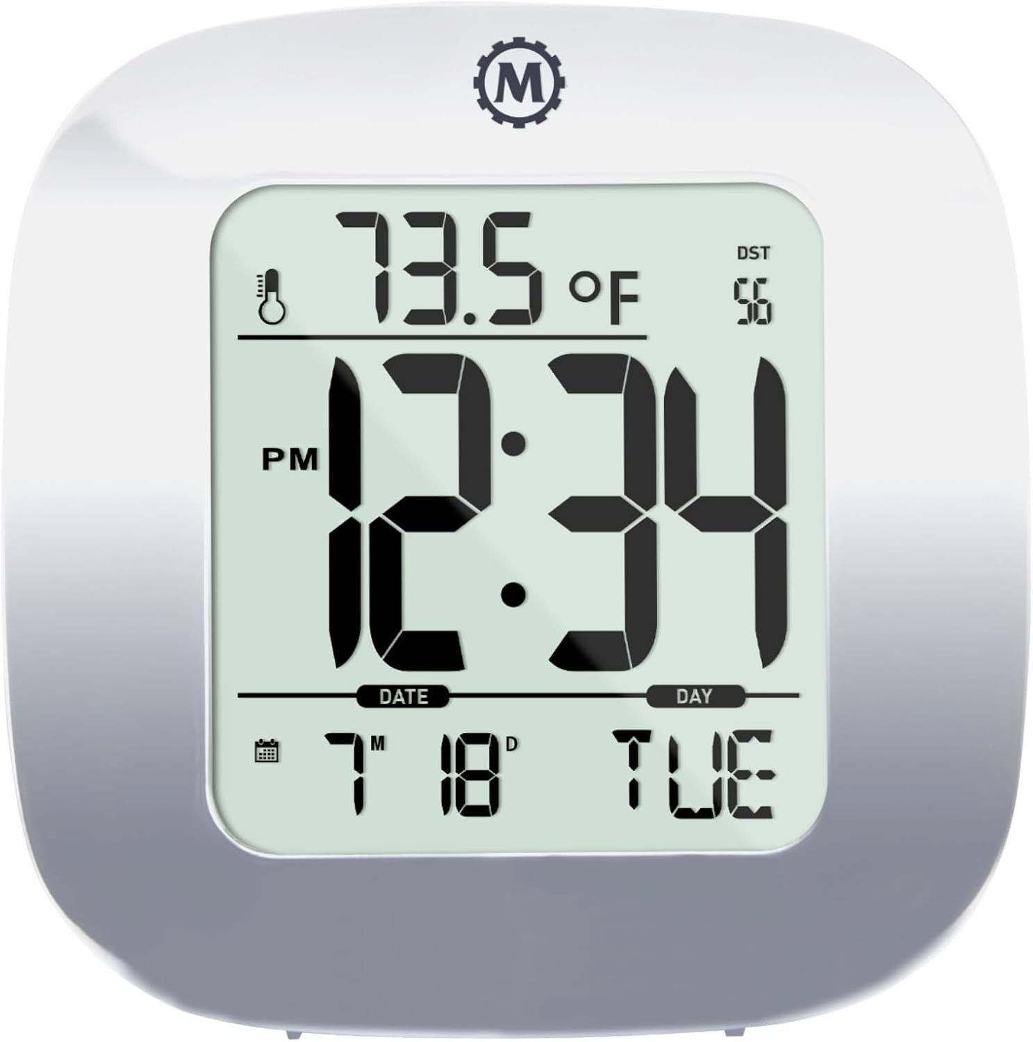 Compact Alarm Clock with Temperature & Date, Silver - Large, Easy to Read Displa