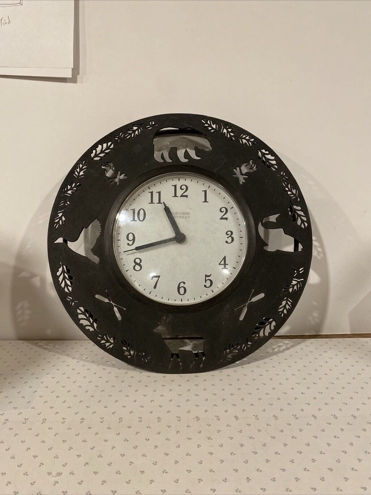 Country Cabin Wall Clock Wrought iron Bear Elk Duck Fish Cutout Design 13”dia