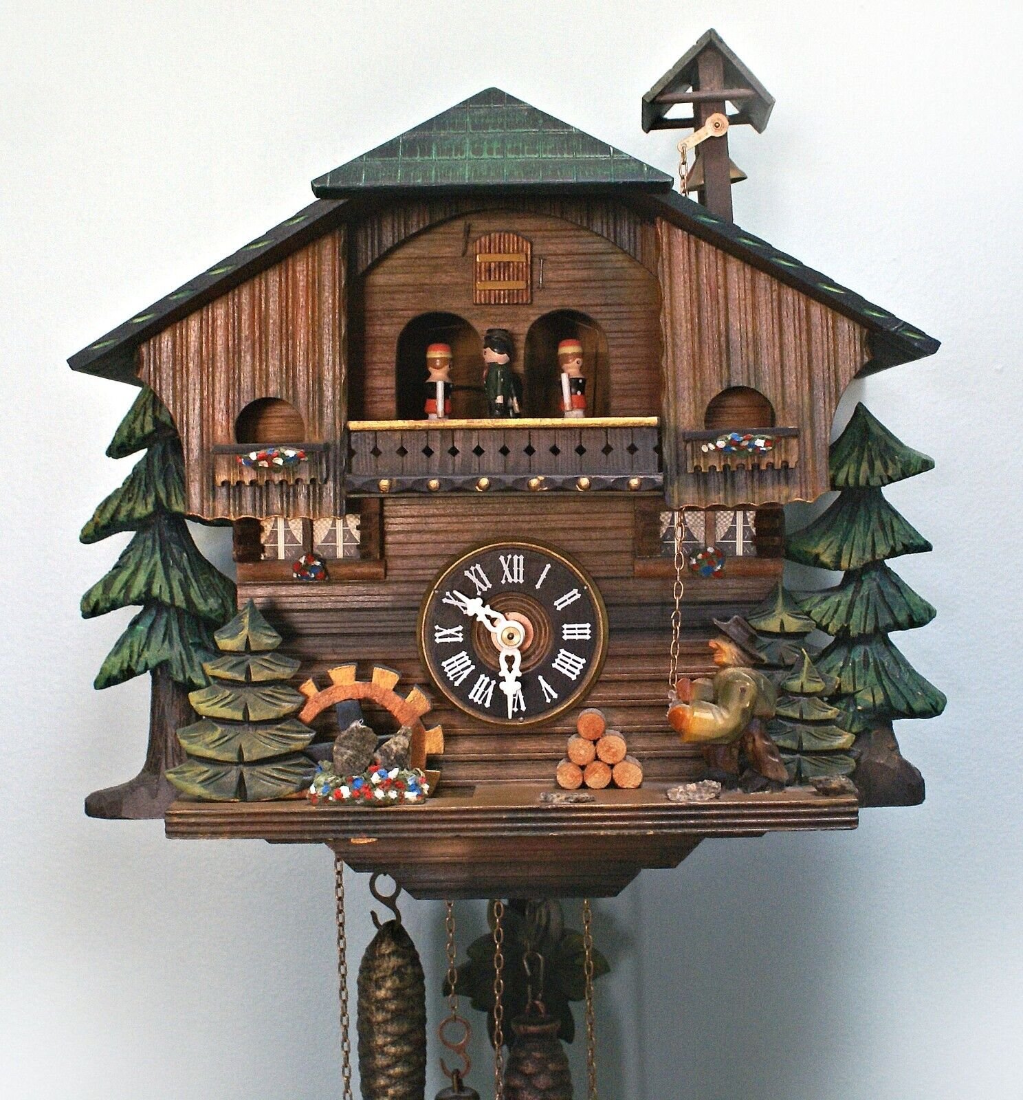 cuckoo clock hand crafted water wheel bell ringer W. Germany BlackForest video