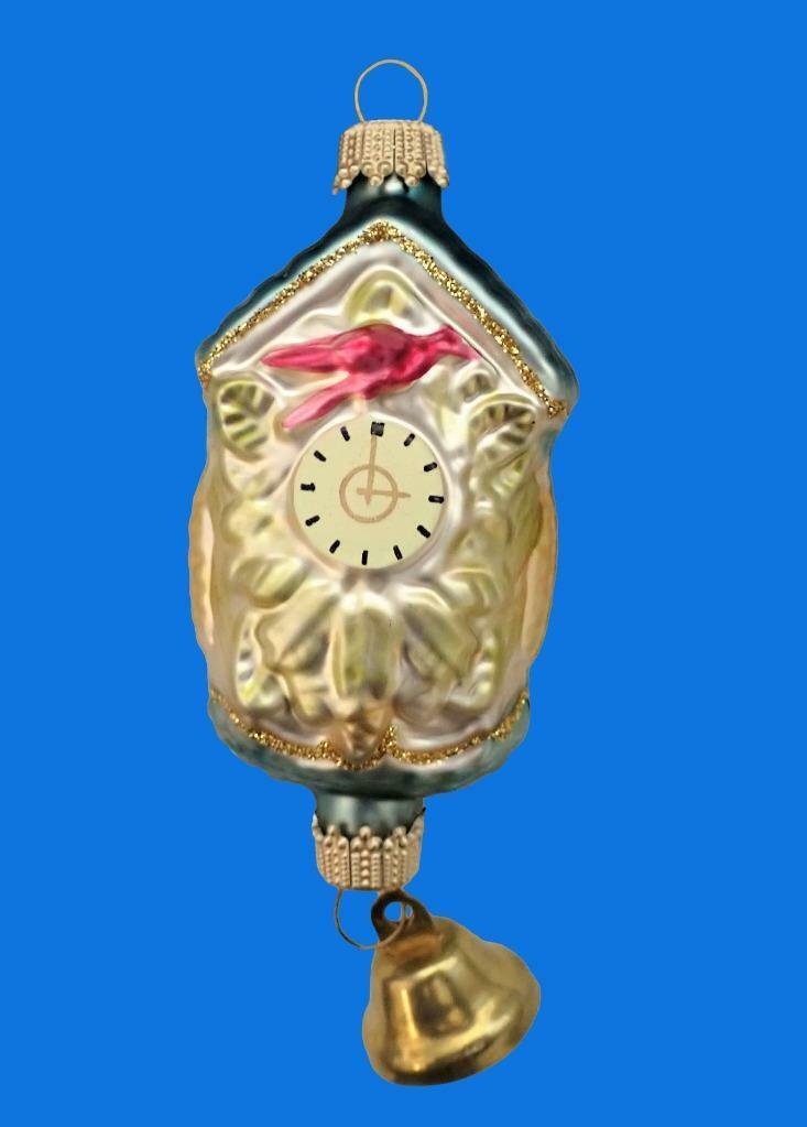 CUCKOO CLOCK W BELL AUTHENTIC GERMAN BLOWN GLASS CHRISTMAS TREE ORNAMENT BIRD