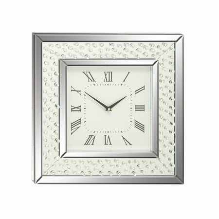 DecMode 2 Silver Wood Mirrored Wall Clock with Floating Crystals
