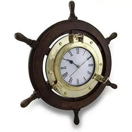Deco 79 Wood Ship Wheel Clock, 18 Inch, Brass by UMA Enterprises, Inc image