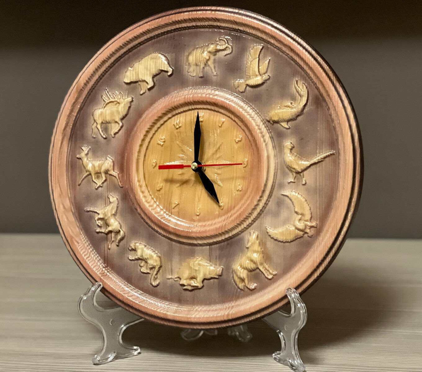 Designer Unique Hand Made Wooden Table Clock With Animals On Stand Vintage Style