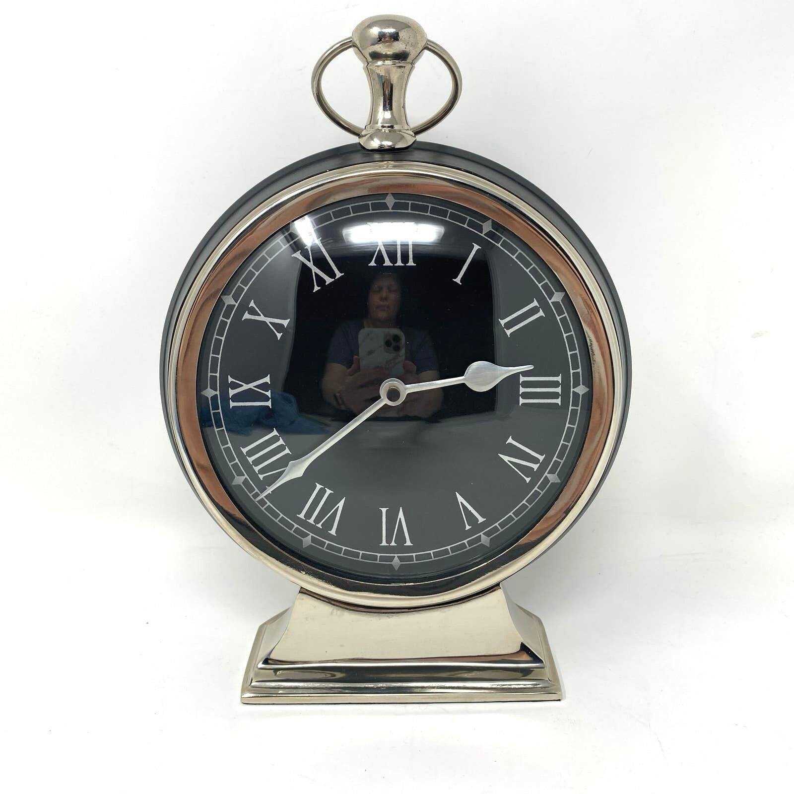 desktop clock pocket watch style black silver 10”