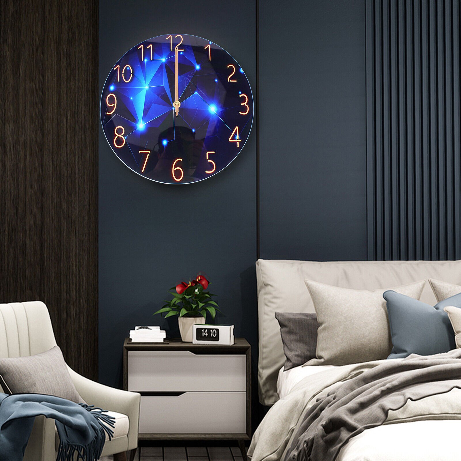 Diamond Large Wall Clock Blue Round Interior Modern Decorative Silent Wall Clock
