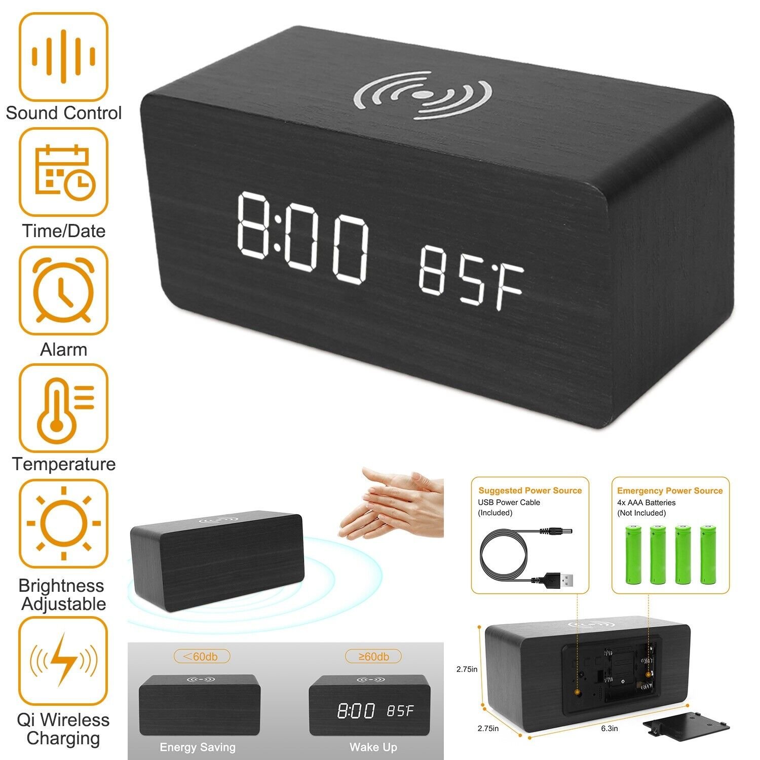 Digital LED Electric Alarm Clock With Phone Wireless Charger Thermometer Table