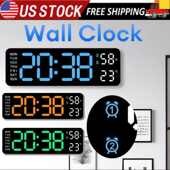 Digital LED Large Display Wall Desk Alarm Clock With Calendar Temperature Date
