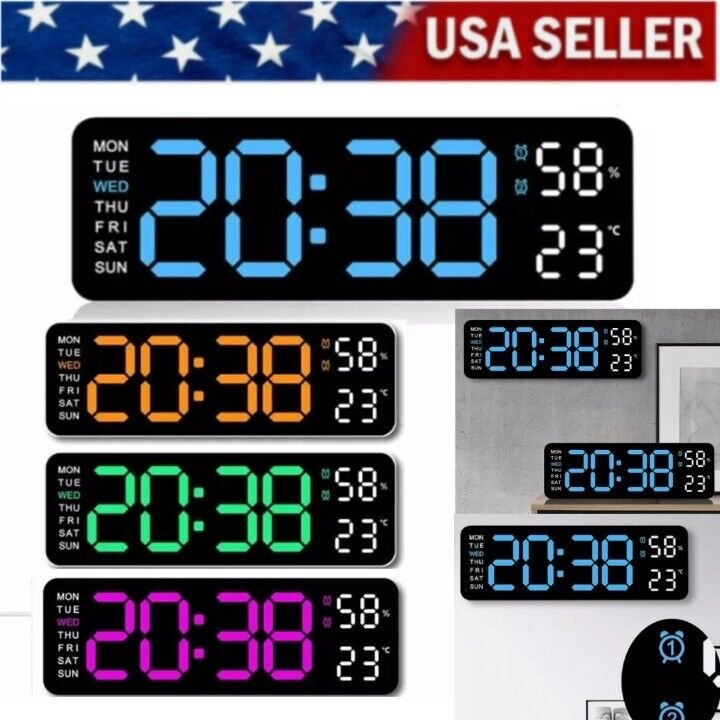 Digital LED Large Display Wall Desk Alarm Clock With Calendar Temperature Date~