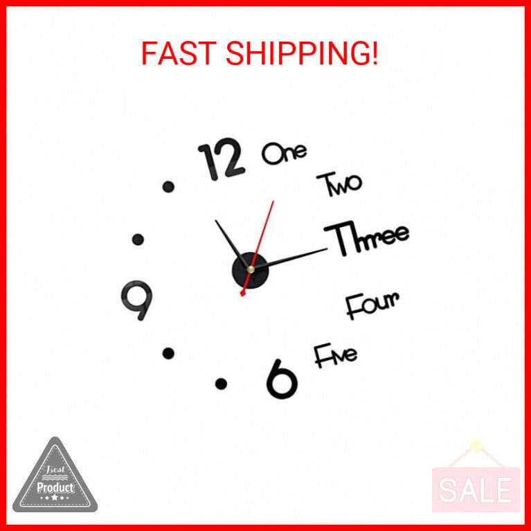 DIY 3D Frameless Wall Clock, Silent Non Ticking, Modern Black Round, Battery Ope