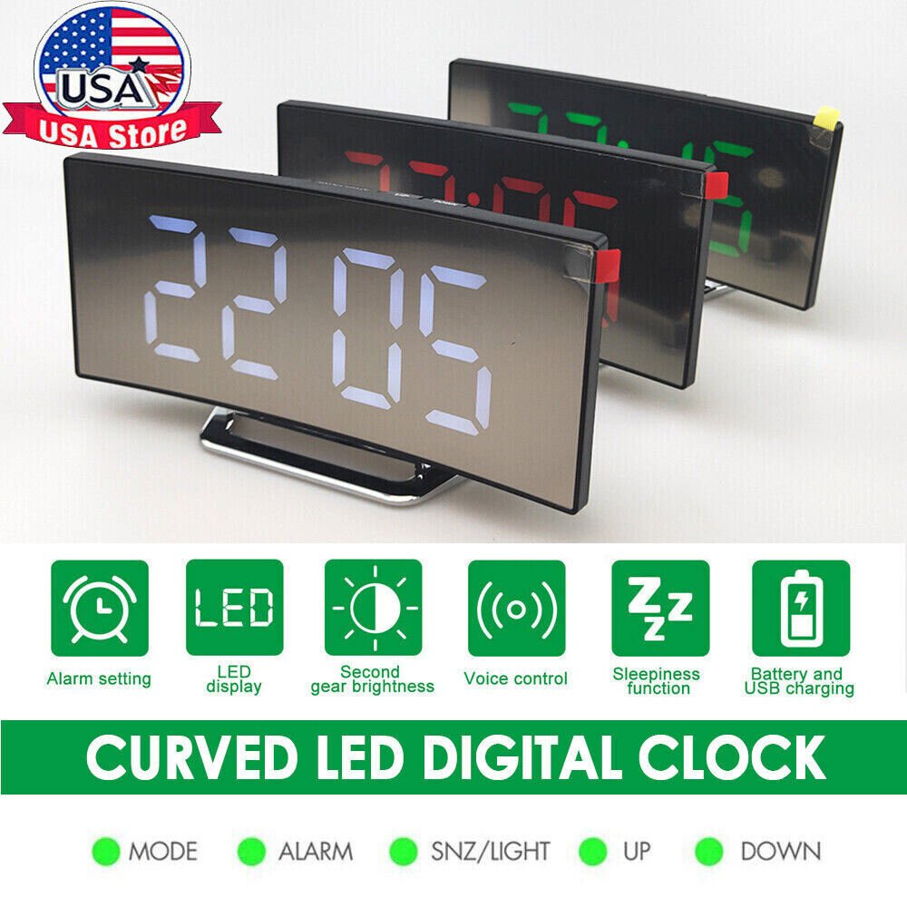 Electric Digital Alarm Clock LED Electronic Voice Control Table Clocks Curved
