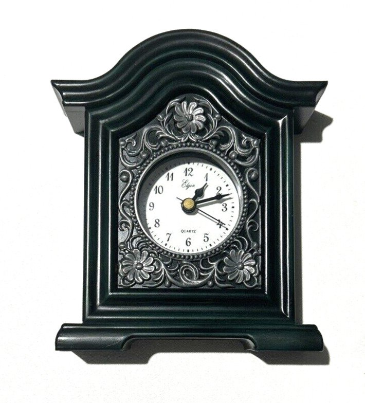 Elgin Mantel Desk Clock Antique Green with Silver Front Clock