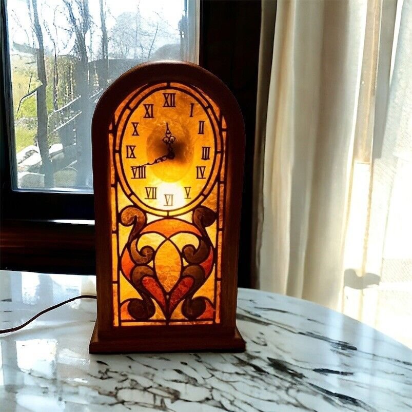 Folk Art Inspired Faux Stain Glass Battery Operated Table Clock