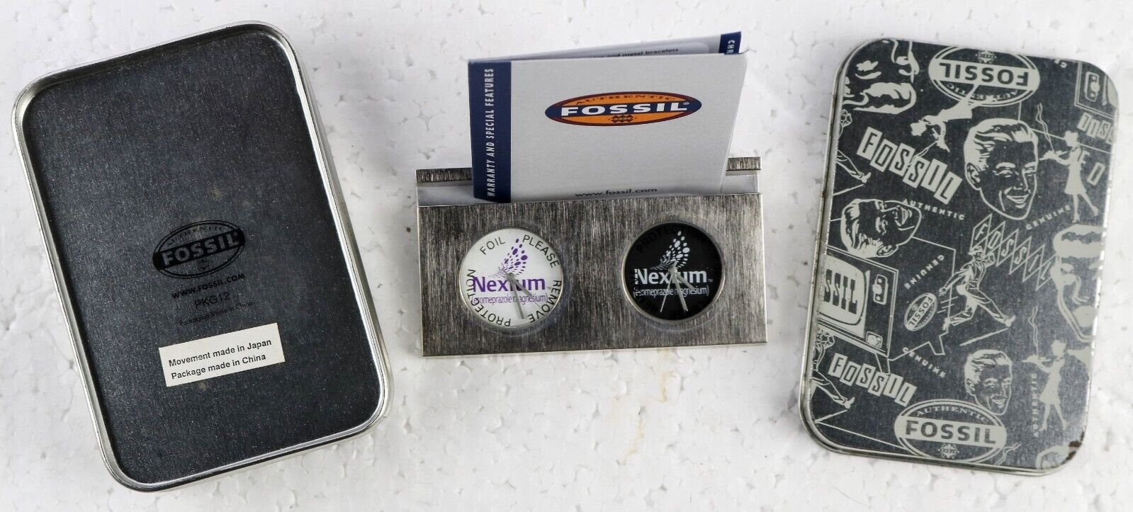 Fossil Dual Desk Clock Business Card Holder Fresh Batteries Fossil Tin Box