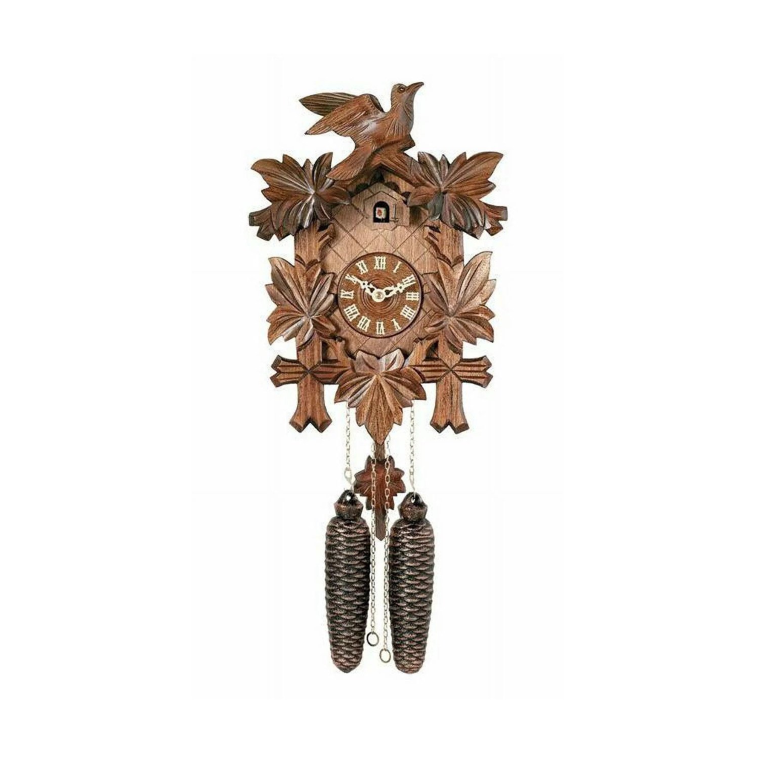 German Black Forest Cuckoo Clock with Five Leaf One Bird 13" Walnut Stain