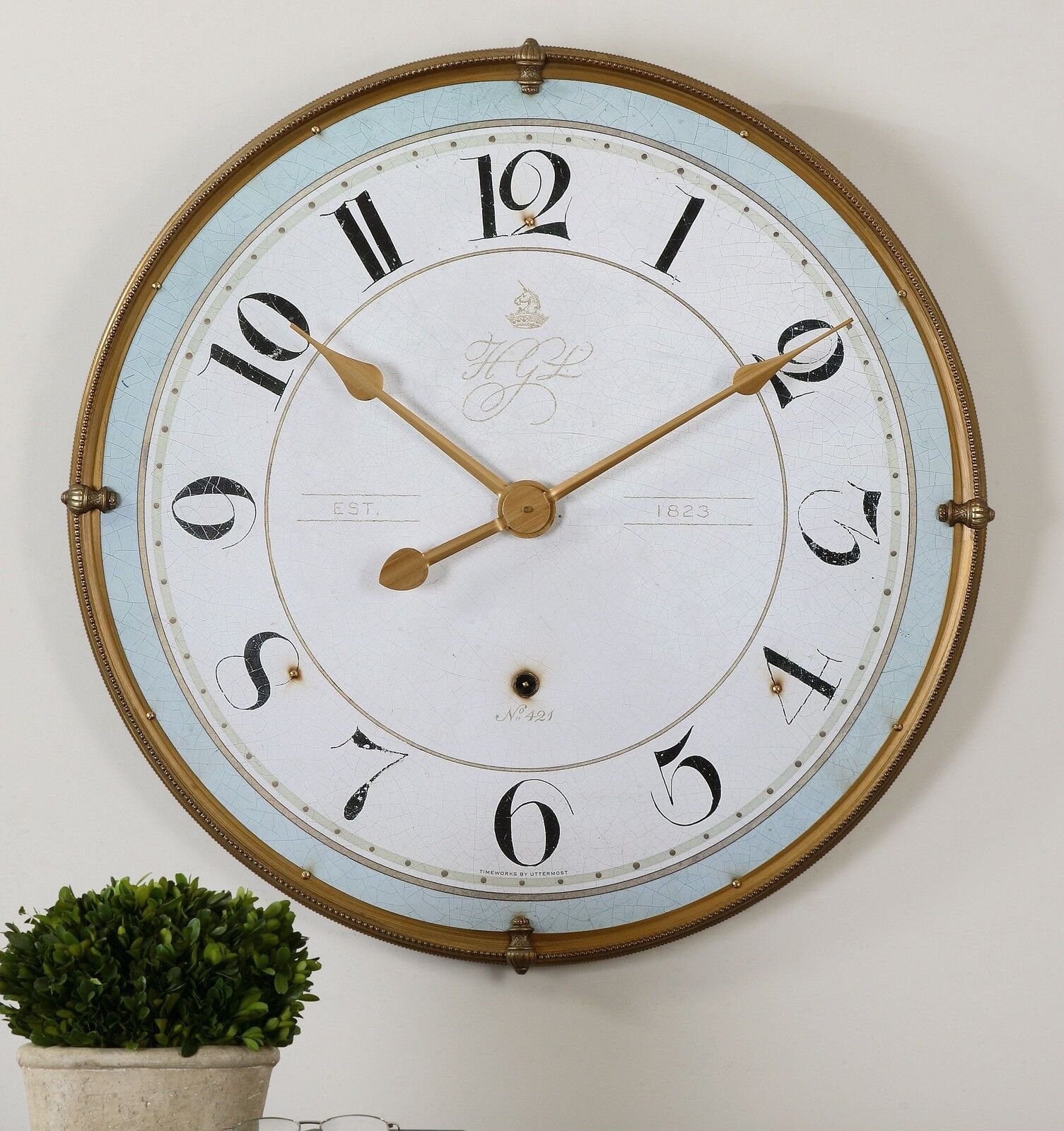 Gold Rimmed Round Metal Wall Clock | Cottage Light Blue Ivory