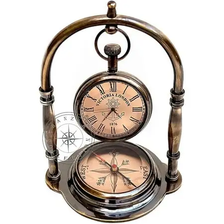 Hanzla Collection Maritime Compass Base Nautical Table Clock Ship's Clock Antique Brass Hanging Desk Clock Hanzla Collection Maritime Compass Base Nautical Table Clock Ship's Clock Antique Brass Hanging