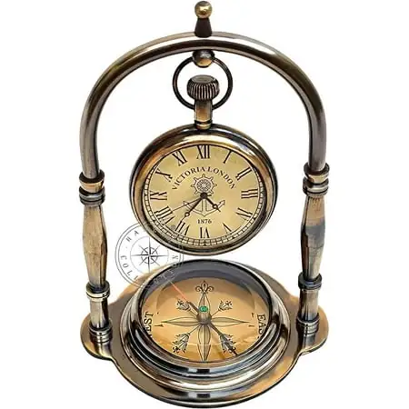 Hanzla Collection Nautical Clock Ship Table Clock Brass Desk Clock Maritime Brass Compass with Antique Hanzla Collection Nautical Clock Ship Table Clock Brass Desk Clock Maritime Brass Compass with image