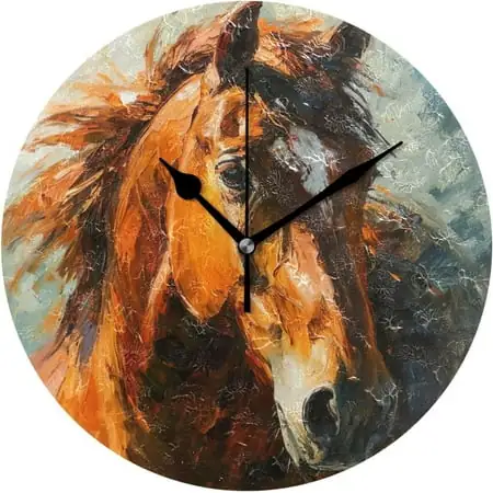 Hyjoy Oil on Canvas Horse Wall Clock, Round Silent Wall Clock, 9 . 84 inches, Home Decor, for