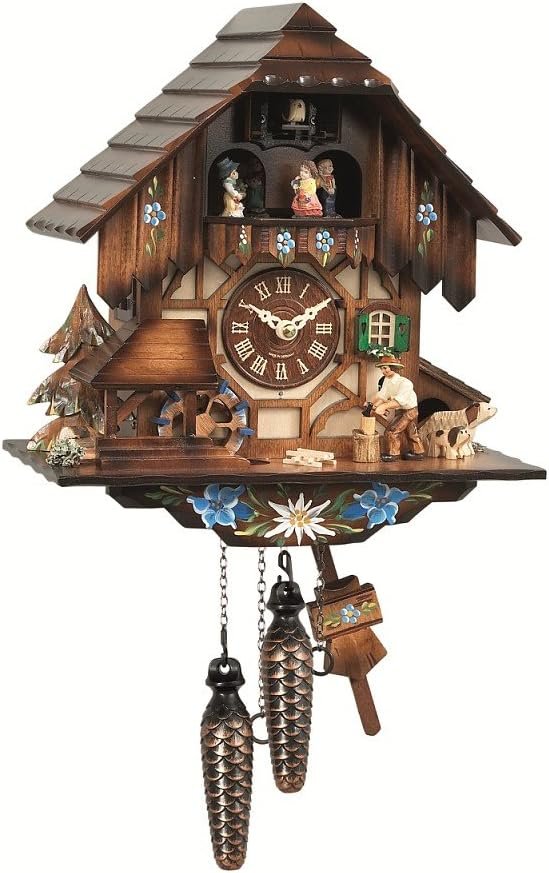 ISDD Quartz Cuckoo Clock with Musik Black Forest house with moving wood chopper and mill wheel EN 463 QMT