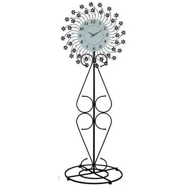 Large Floor Standing Clock Openwork Metal with Flower Floral Detail and Clear Crystals in Black