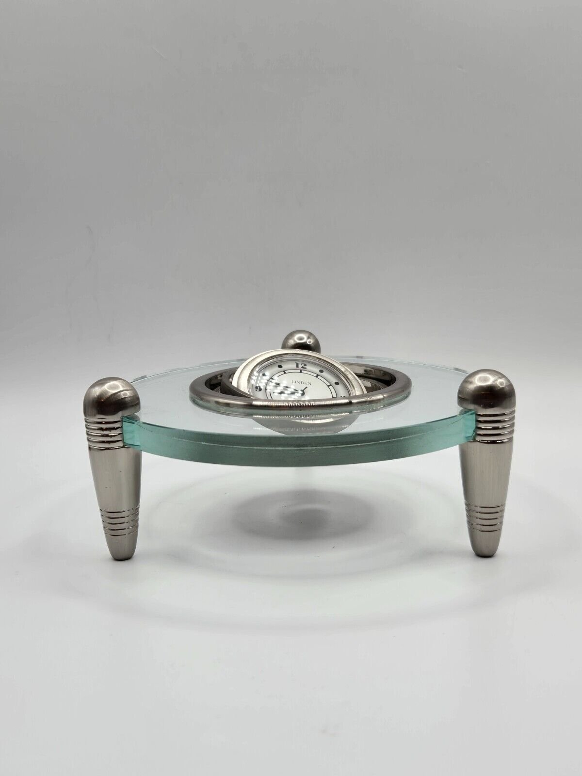 MCM Gyroscopic Linden Desk/Table Clock Footed Glass Base • Brushed Nickel 5.5"W