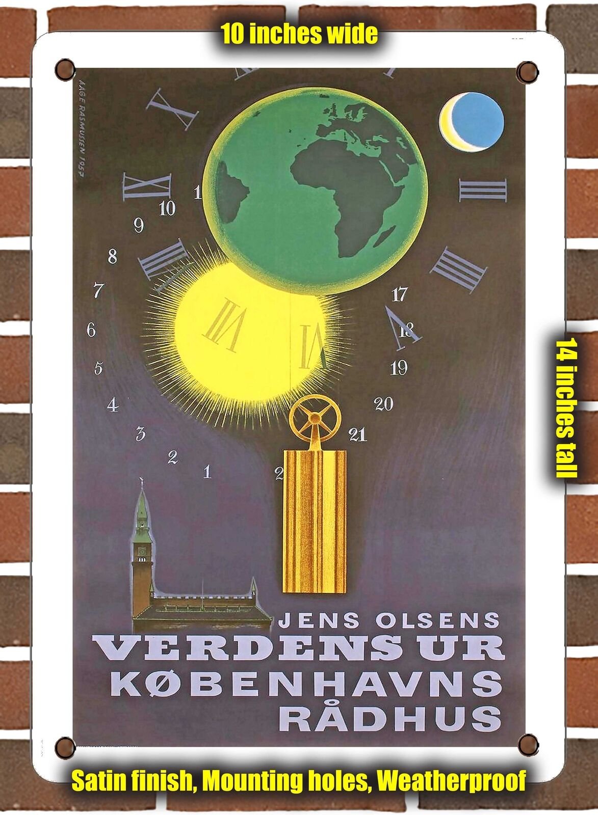 METAL SIGN - 1957 Jens Olsen's World Clock Copenhagen City Hall - 10x14 Inches