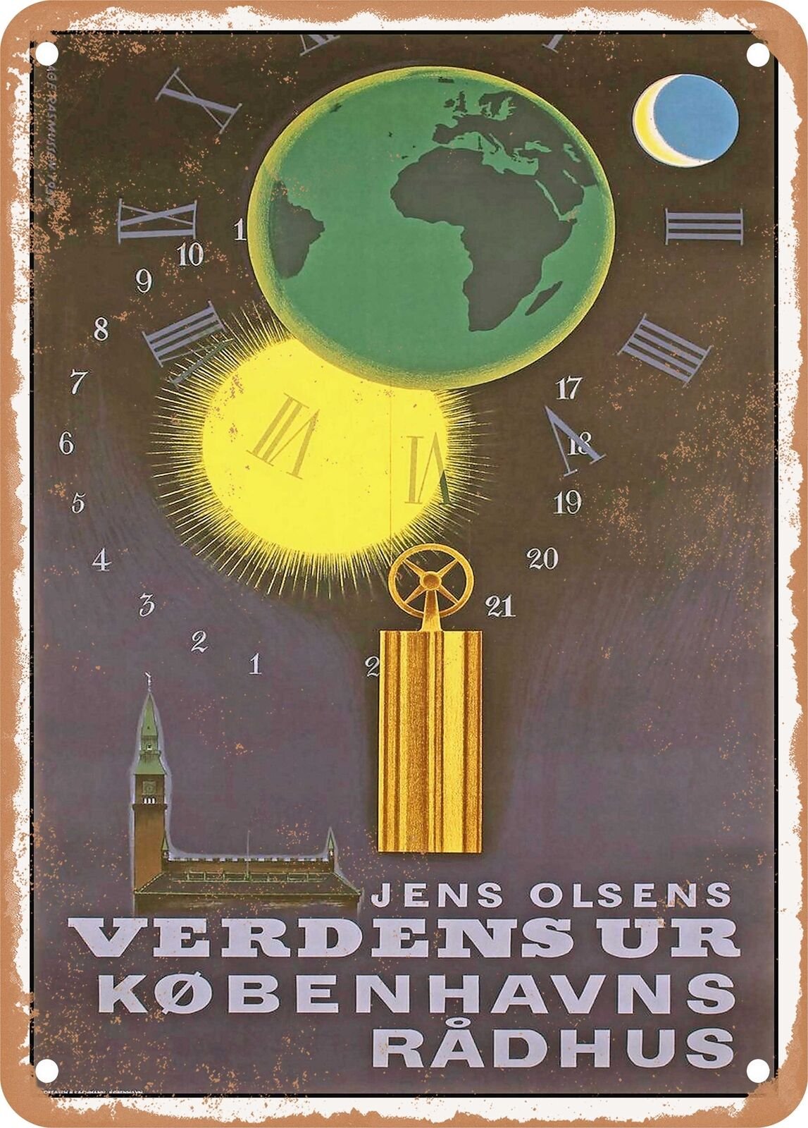 METAL SIGN - 1957 Jens Olsen's World Clock Copenhagen City Hall Vintage Ad