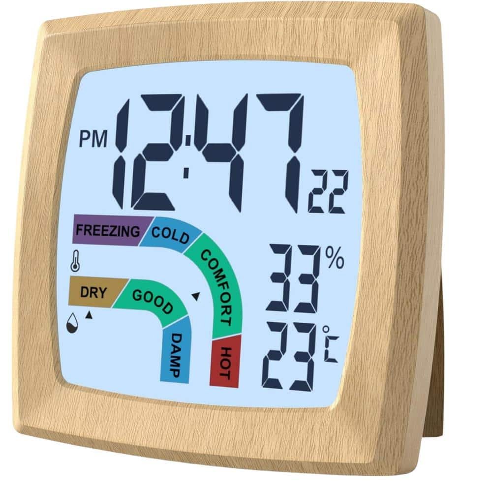Modern Woodgrain Digital Battery Operated Alarm Desk Clock and Indoor Temperature Humidity...