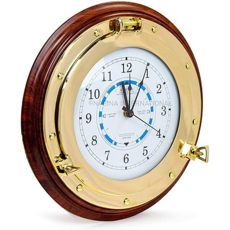 Nagina International Nautical Time Tide Clock On Premium Wooden Base - Polished Brass Porthole Wall Hanging Decor
