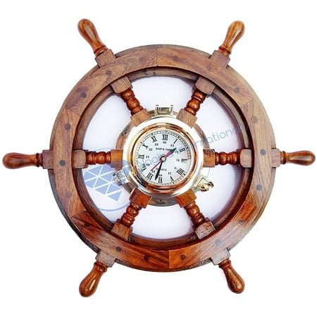Nagina International Wood Crafted Nautical Solid Brass Porthole Time Clock Pirate Ship Wheel - Captain Maritime Beach Home Decor Gift (18 Inches)