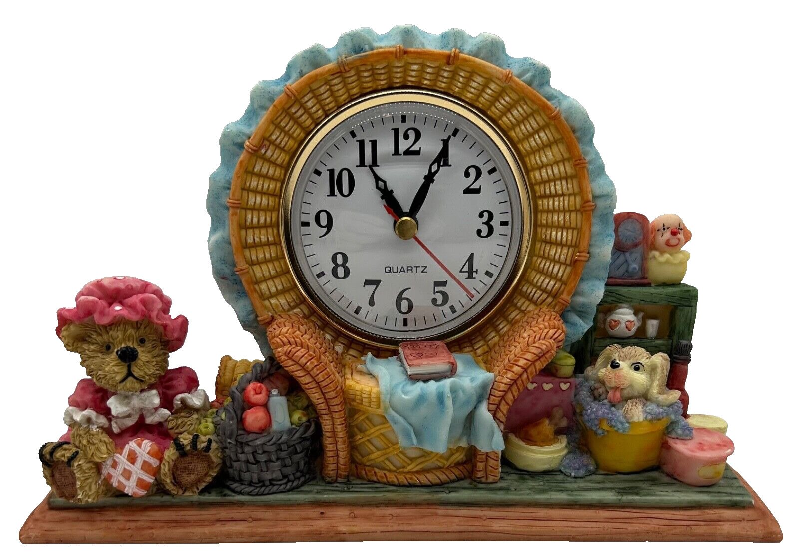New Cute 9”x6” Resin Teddy Bear, Puppy & Basket Desk/Shelf/Table Clock