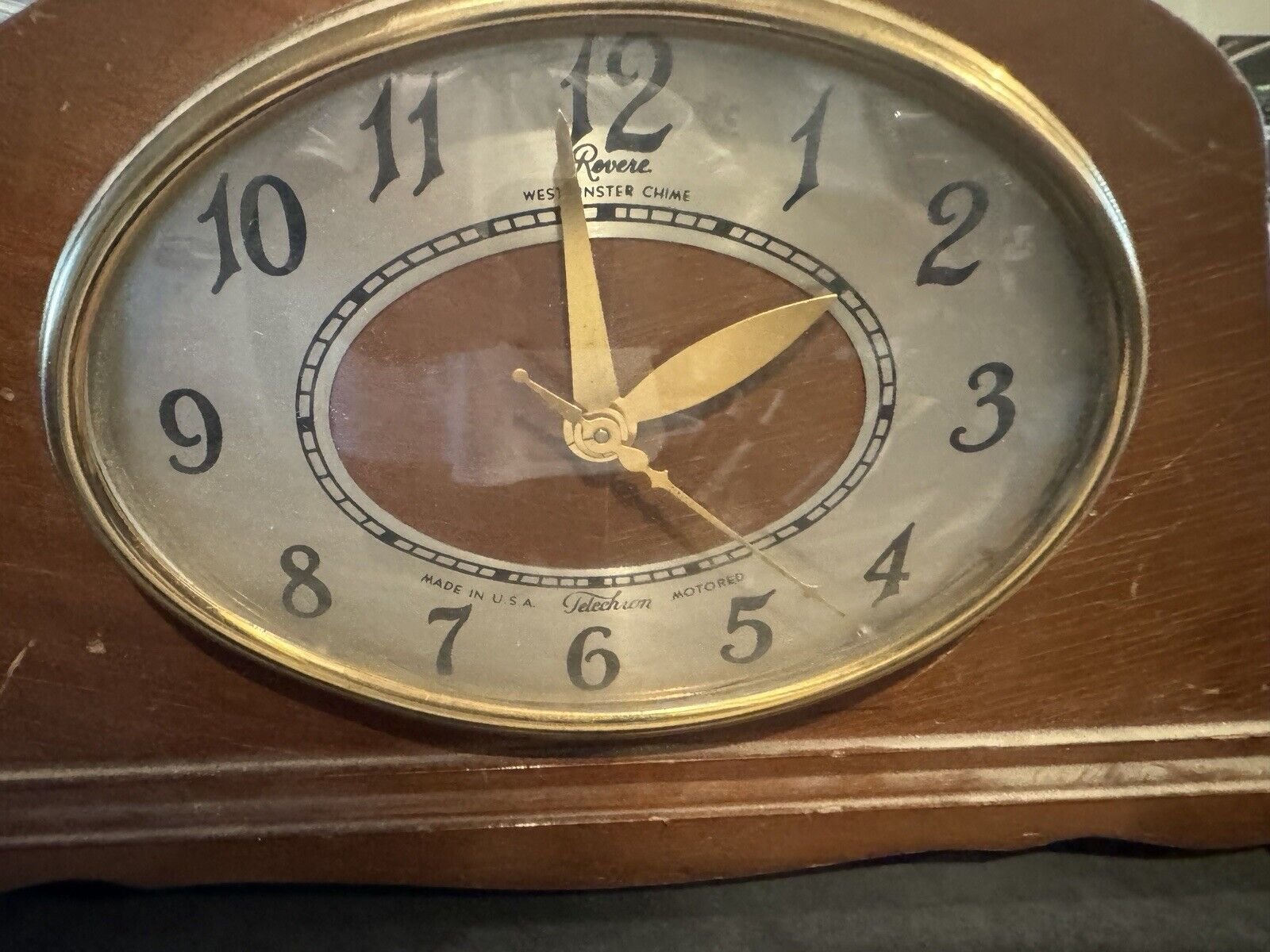 NICE ANTIQUE REVERE TELECHRON USA WESTMINSTER CHIME TAMBOR MAHOGANY MANTEL CLOCK