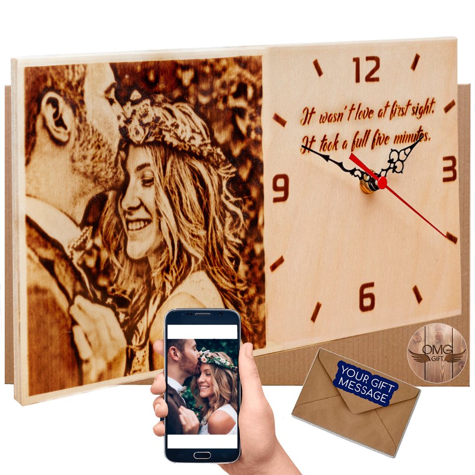 Personalized Wood Photo Clock - Wooden Anniversary Gifts - Pyrography