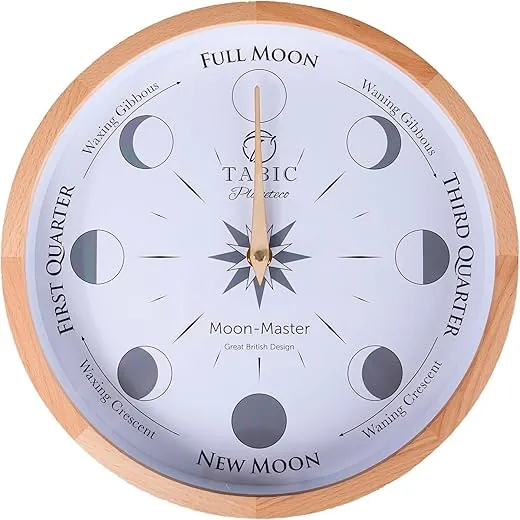 Planeteco Moon Master - Precision Lunar Phase Wall Clock - Accurate Moon Tracking & Easy-to-Read Dial for Lunar Cycle - Stylish Round Moon Phase Clock - Celestial Home Decor - Natural Stain
