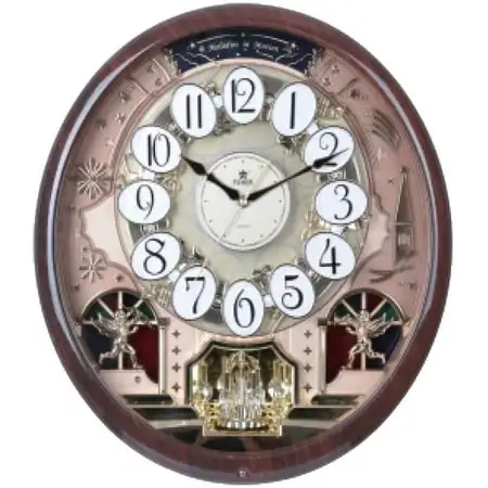 PWR Musical Motion Wall Clock | Melodies and Moving Face | Color: Dark Woodgrain and Gold with photo PWR Musical Motion Wall Clock | Melodies and Moving Face | Color: Dark Woodgrain and Gold with image