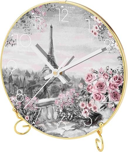Round Clock for Desk Tabletop Shelf Mantel, Silent Quartz Decorative Wall Clock Non-Ticking, Eiffel Tower Roses Beautiful Plug in Wall Clock