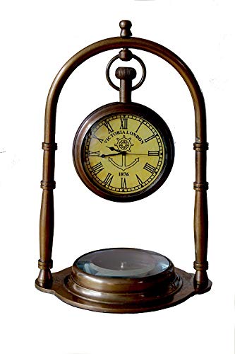 SA International Nautical Clock Ship Table Clock Brass Desk Clock Maritime Brass Compass with Antique Victoria London Pocket Watch